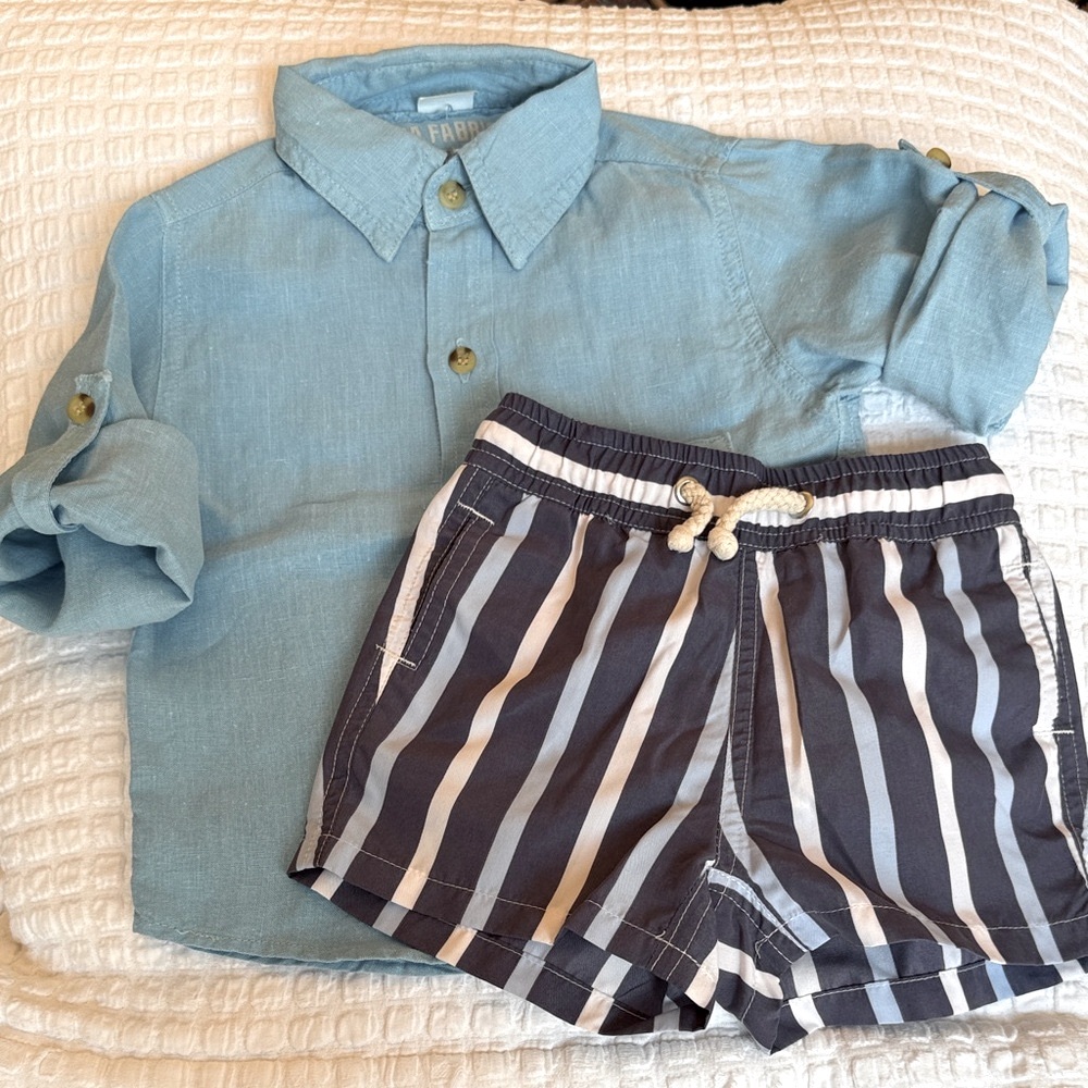 Havacoa Aqua Blue Long-Sleeve Linen Button-Up and Navy Striped Swimsuit Set